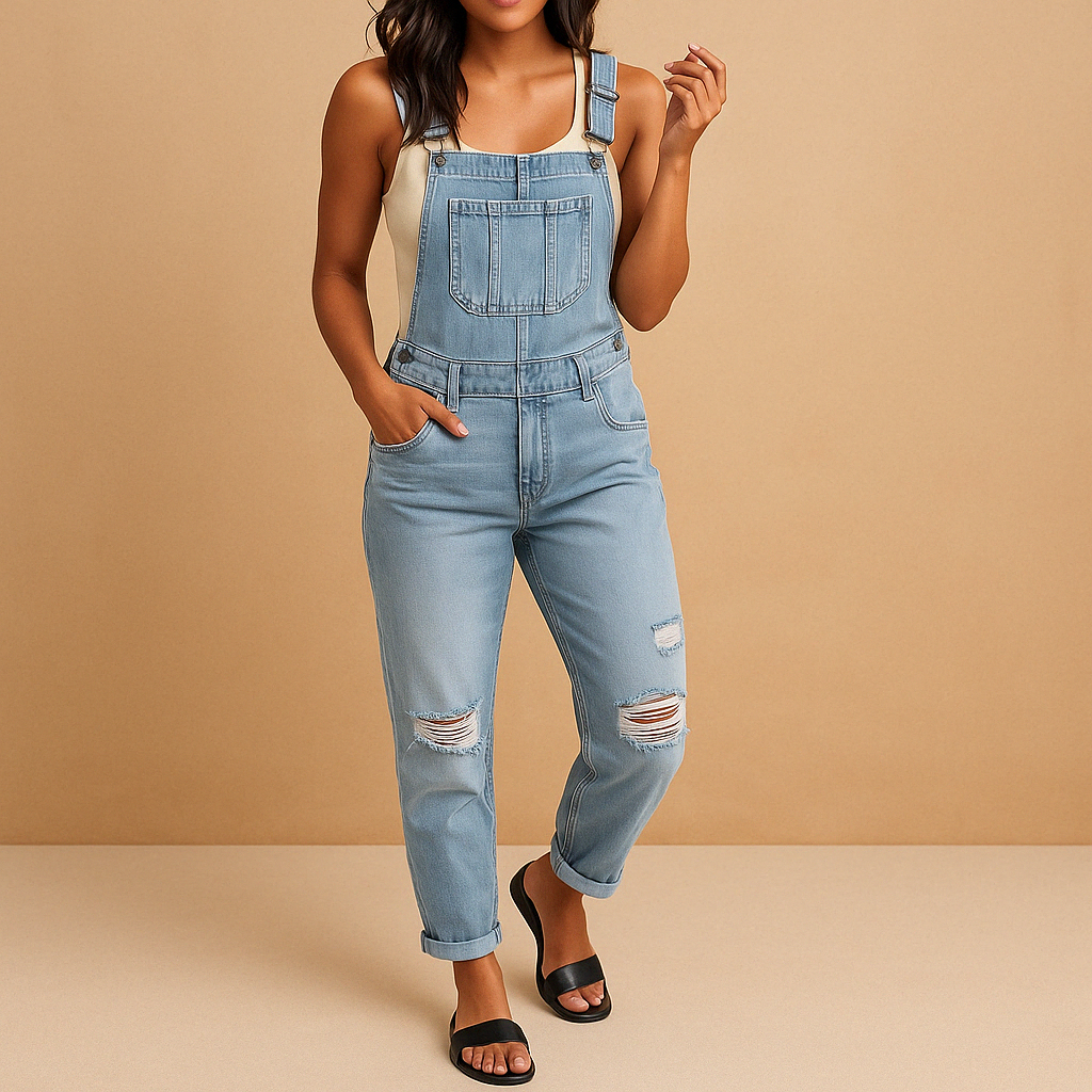 Woman wearing a ripped denim overall with adjustable straps and a relaxed fit, styled for streetwear and casual urban outfits.