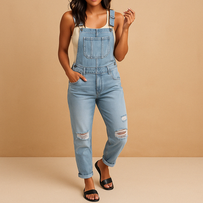 Woman wearing a ripped denim overall with adjustable straps and a relaxed fit, styled for streetwear and casual urban outfits.