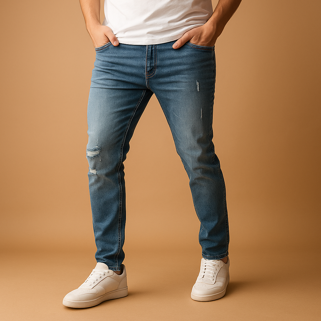 Men’s ripped slim fit jeans with stretch, perfect for streetwear outfits, casual wear, and modern urban style.