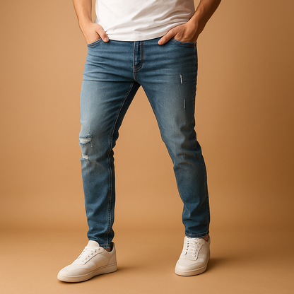 Men’s ripped slim fit jeans with stretch, perfect for streetwear outfits, casual wear, and modern urban style.
