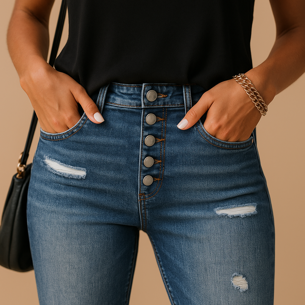 Women’s ripped slim fit jeans with distressed denim details and a flattering silhouette, perfect for casual outfits and modern everyday style.