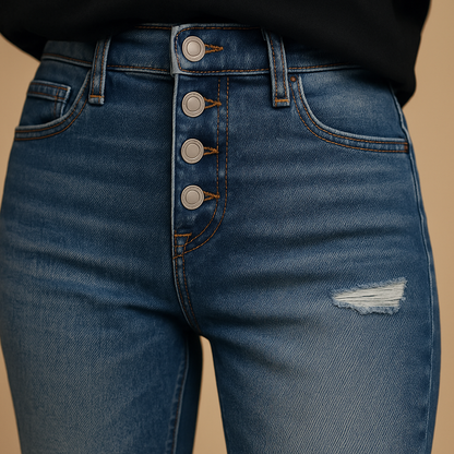 Women’s ripped slim fit jeans with distressed denim details and a flattering silhouette, perfect for casual outfits and modern everyday style.
