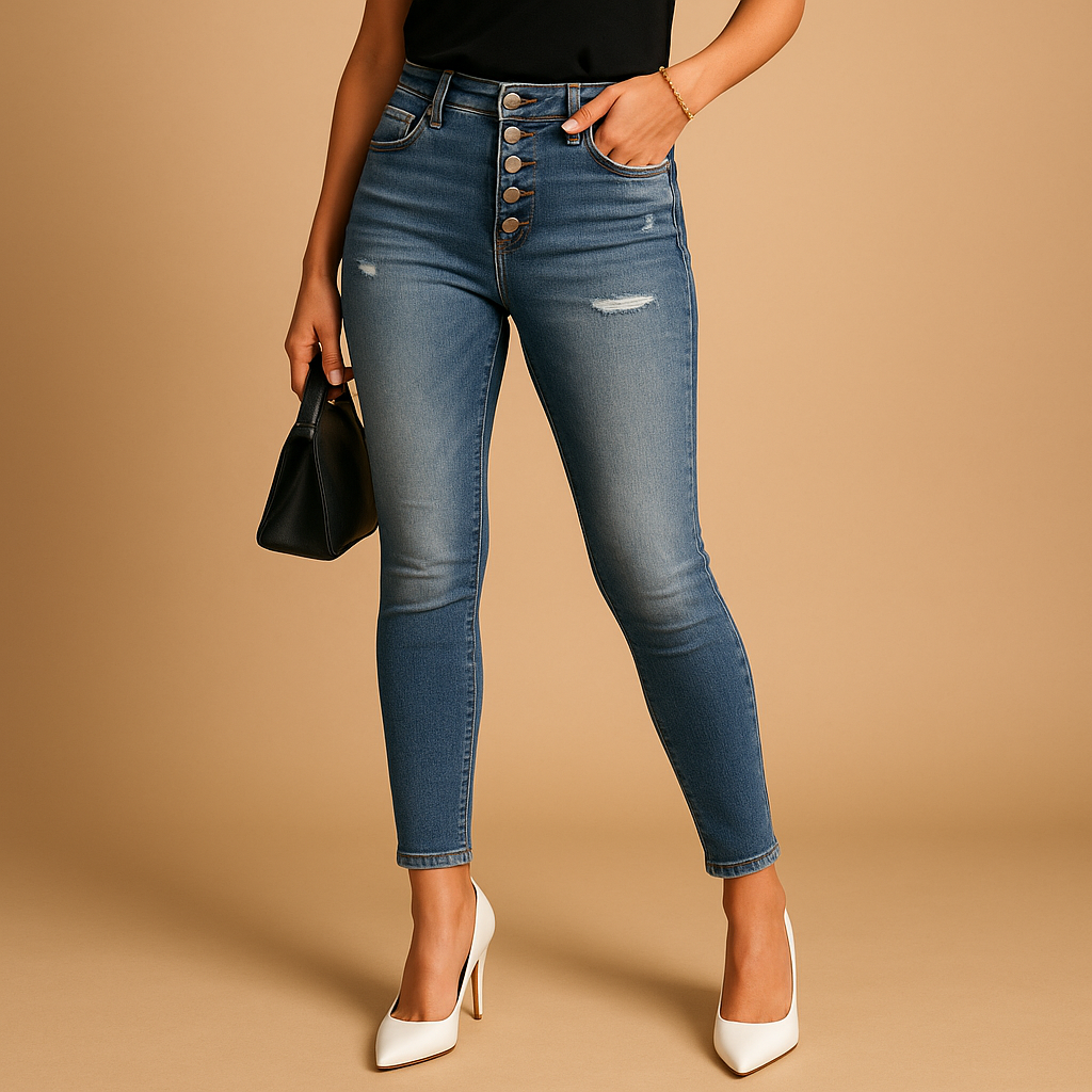 Women’s ripped slim fit jeans with distressed denim details and a flattering silhouette, perfect for casual outfits and modern everyday style.