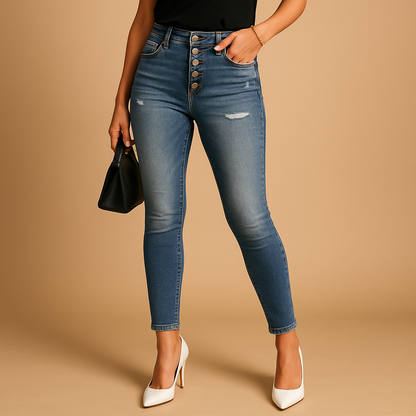 Women’s ripped slim fit jeans with distressed denim details and a flattering silhouette, perfect for casual outfits and modern everyday style.