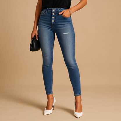 Women’s ripped slim fit jeans with distressed denim details and a flattering silhouette, perfect for casual outfits and modern everyday style.