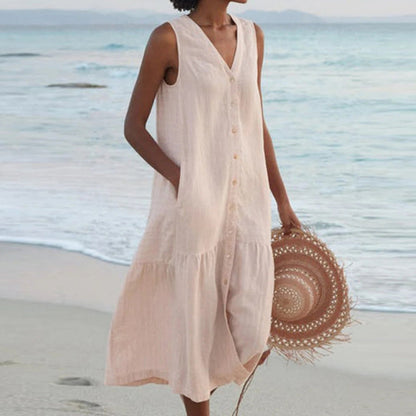 Image of Rita | Women's Sleeveless Button-Down Midi Dress