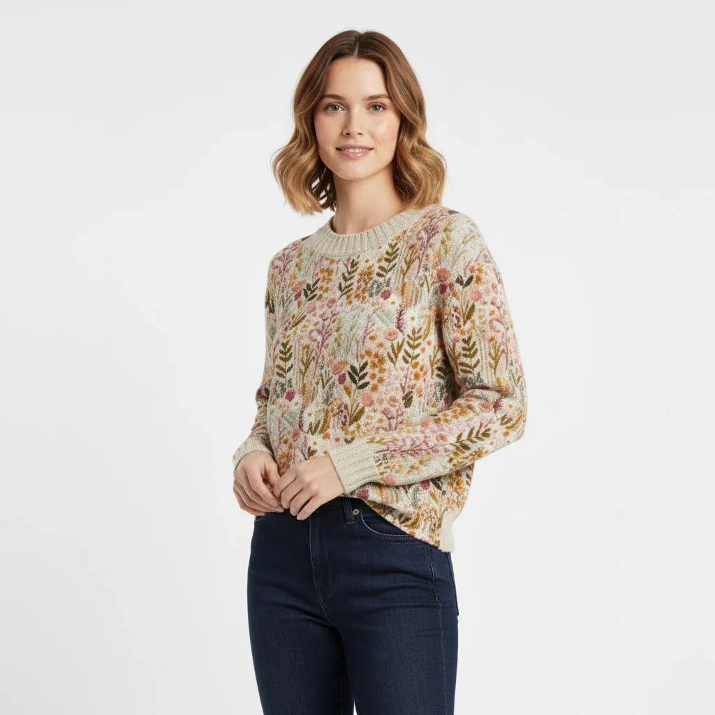 Women Floral Crew Neck Sweater - VibreMode