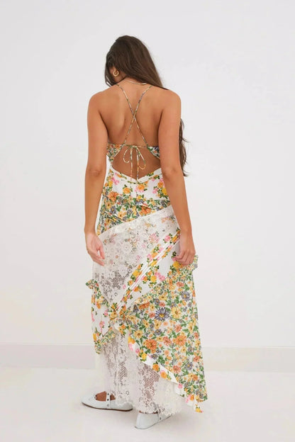 Women's Floral Print Lace Long Dress
