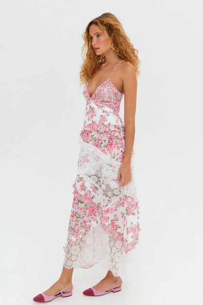 Women's Floral Print Lace Long Dress