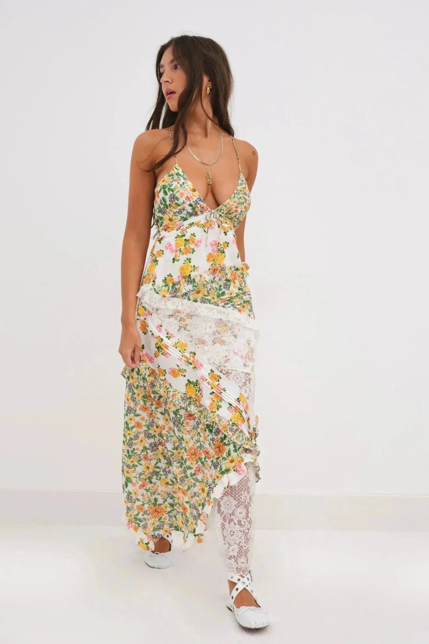 Women's Floral Print Lace Long Dress