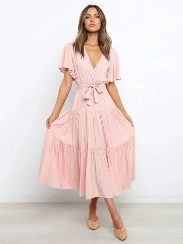 Women's Midi Dress Ruffle V-Neck Short Sleeves