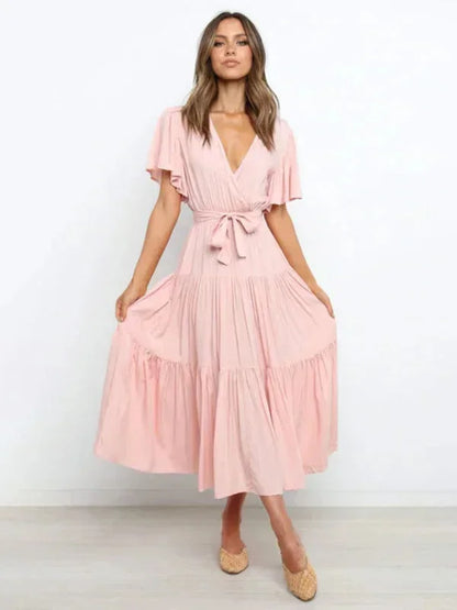 Women's Midi Dress Ruffle V-Neck Short Sleeves