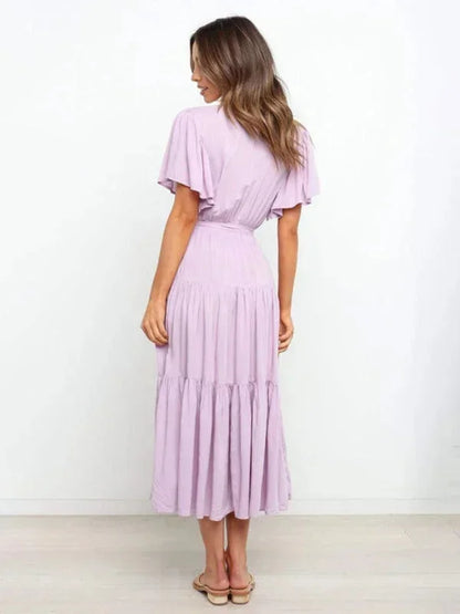 Women's Midi Dress Ruffle V-Neck Short Sleeves