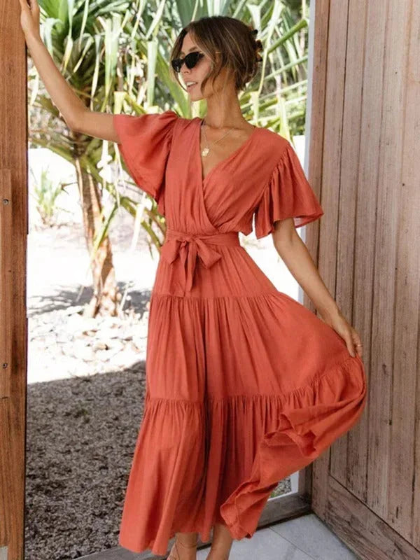 Women's Midi Dress Ruffle V-Neck Short Sleeves