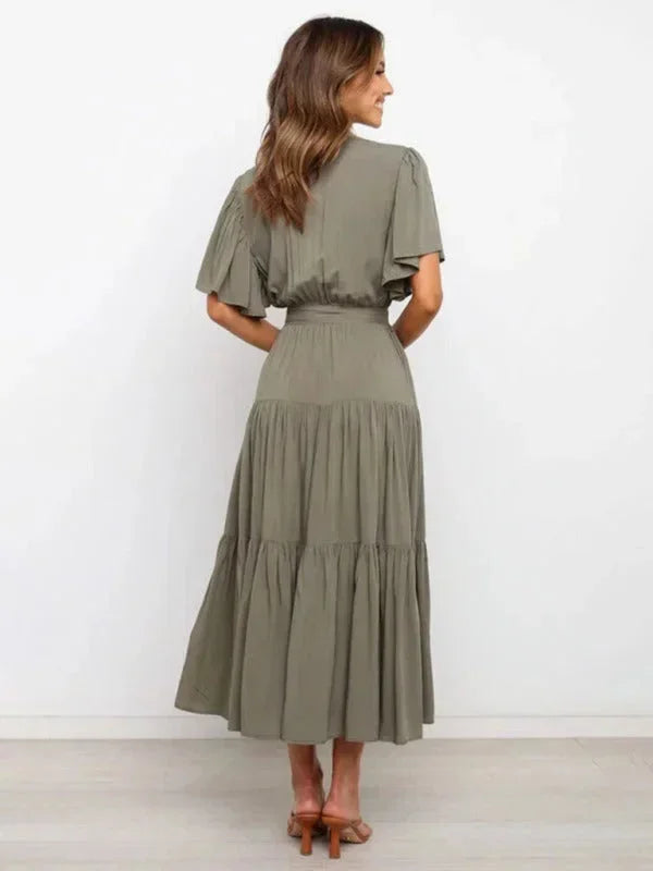 Women's Midi Dress Ruffle V-Neck Short Sleeves
