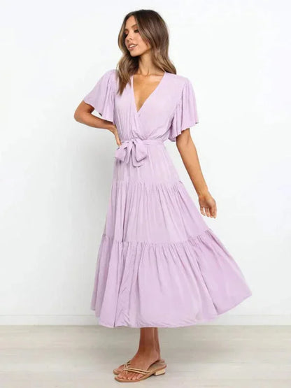 Women's Midi Dress Ruffle V-Neck Short Sleeves