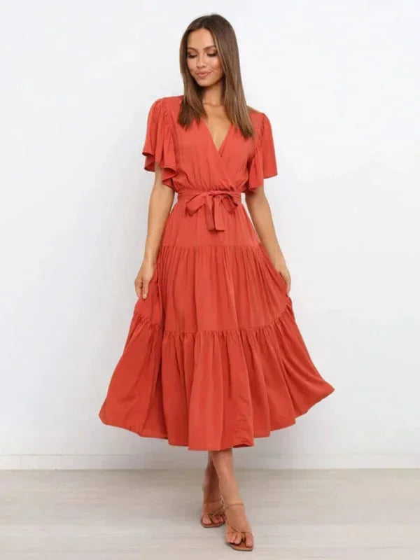 Women's Midi Dress Ruffle V-Neck Short Sleeves - VibreMode