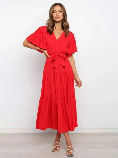 Women's Midi Dress Ruffle V-Neck Short Sleeves