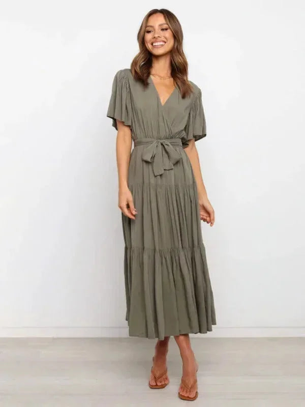 Women's Midi Dress Ruffle V-Neck Short Sleeves