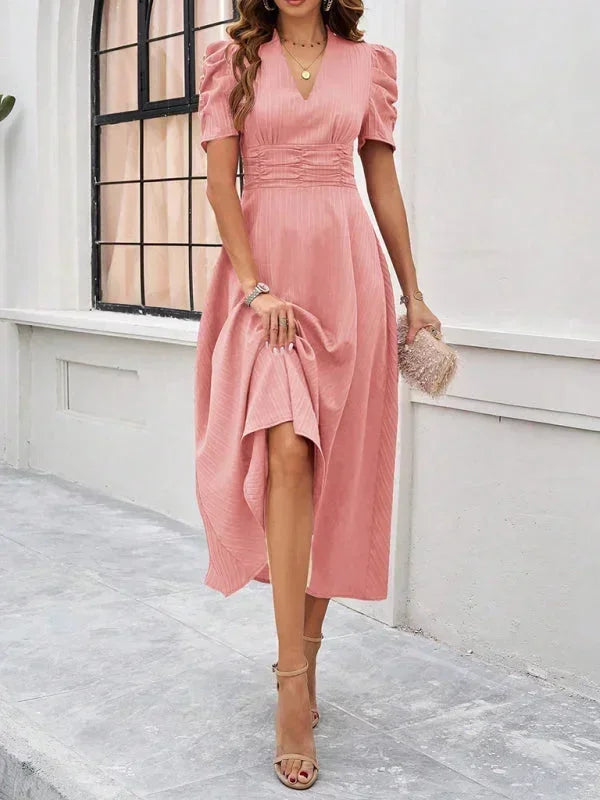 Women's Midi Dress V-Neck Puff Sleeves