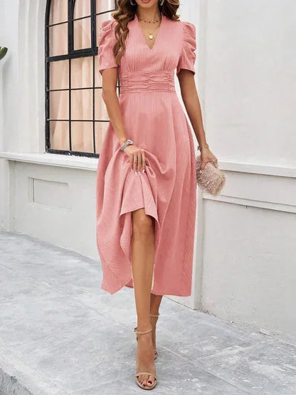 Women's Midi Dress V-Neck Puff Sleeves