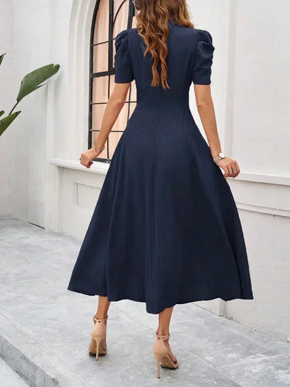 Women's Midi Dress V-Neck Puff Sleeves