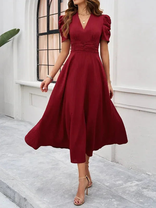 Women's Midi Dress V-Neck Puff Sleeves