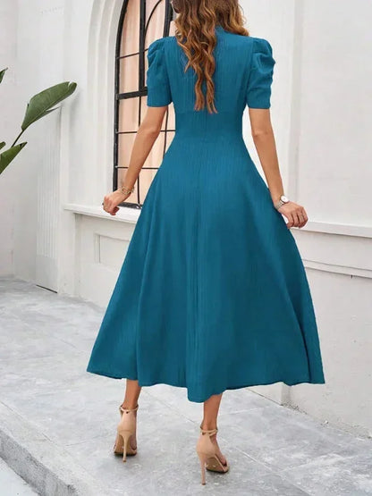 Women's Midi Dress V-Neck Puff Sleeves