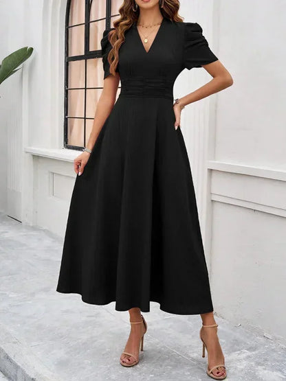 Women's Midi Dress V-Neck Puff Sleeves