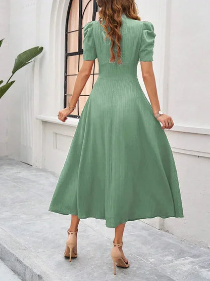 Women's Midi Dress V-Neck Puff Sleeves