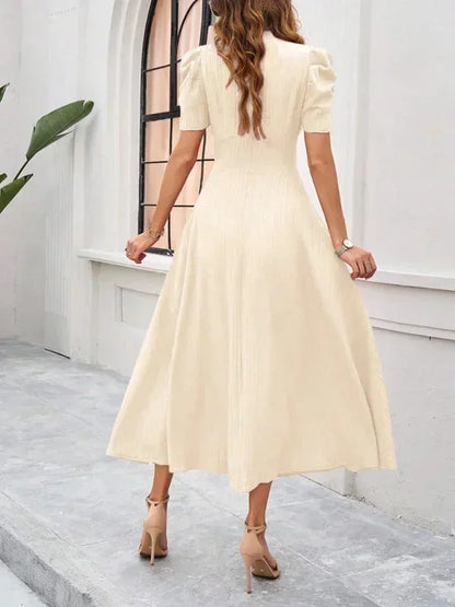 Women's Midi Dress V-Neck Puff Sleeves