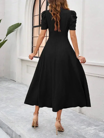Women's Midi Dress V-Neck Puff Sleeves