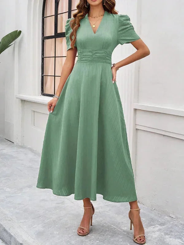 Women's Midi Dress V-Neck Puff Sleeves