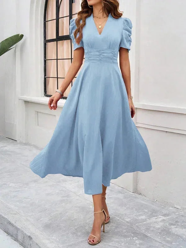 Women's Midi Dress V-Neck Puff Sleeves
