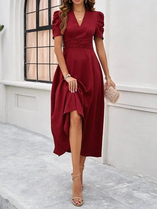 Women's Midi Dress V-Neck Puff Sleeves