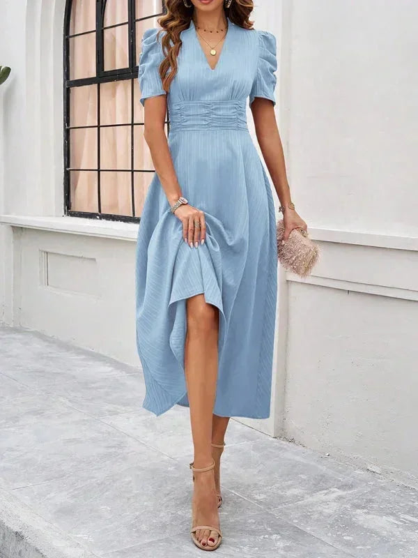 Women's Midi Dress V-Neck Puff Sleeves