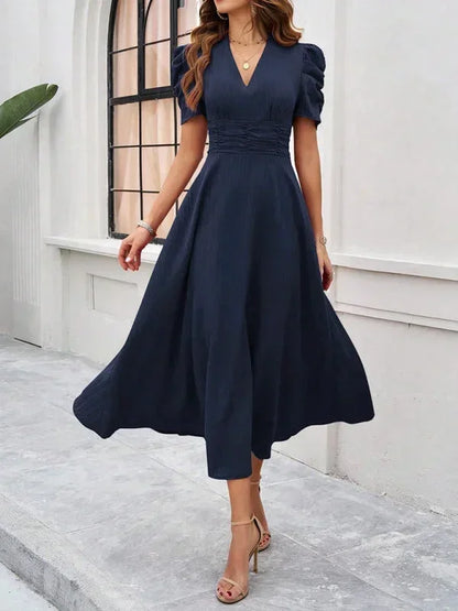 Women's Midi Dress V-Neck Puff Sleeves