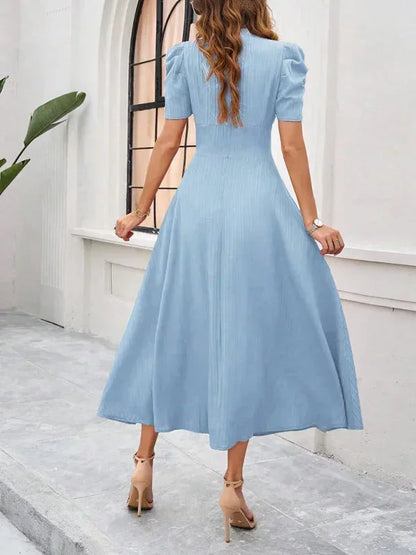 Women's Midi Dress V-Neck Puff Sleeves