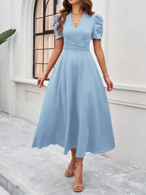 Women's Midi Dress V-Neck Puff Sleeves