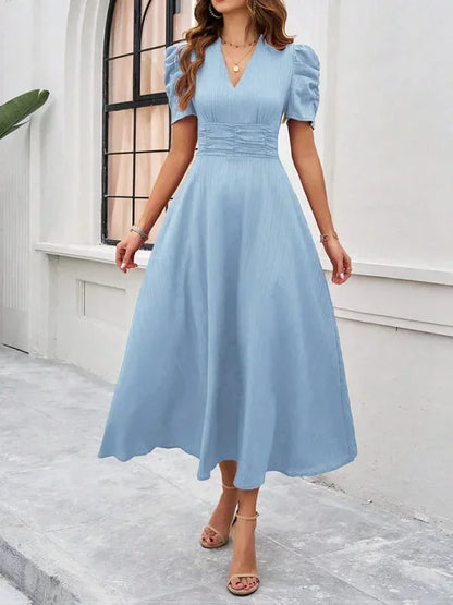 Women's Midi Dress V-Neck Puff Sleeves