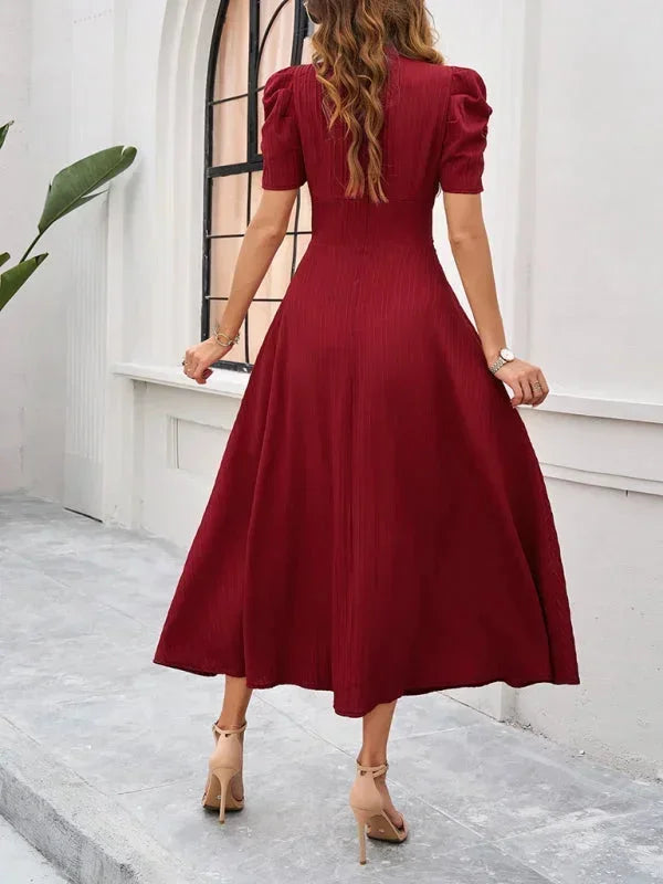 Women's Midi Dress V-Neck Puff Sleeves