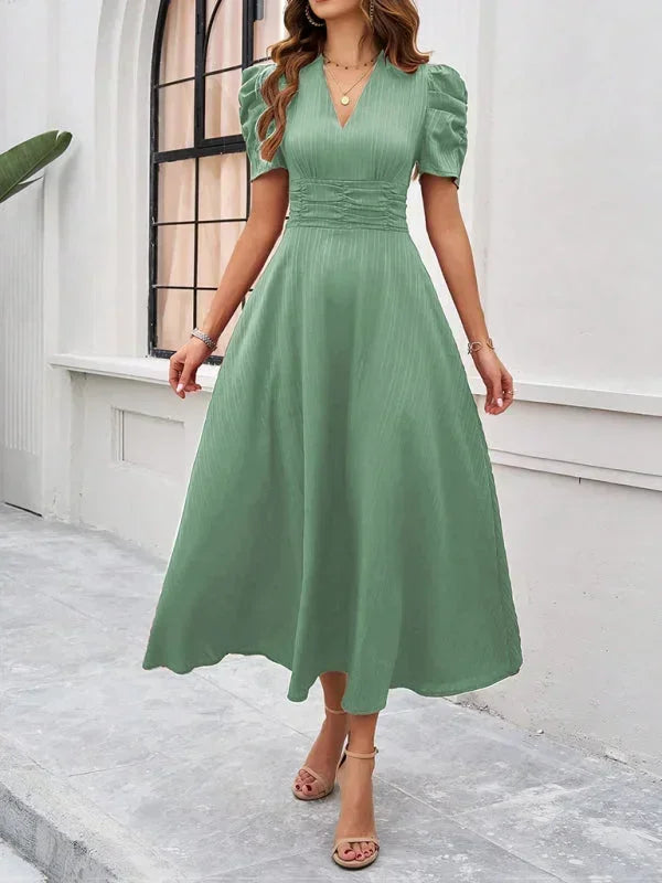 Women's Midi Dress V-Neck Puff Sleeves