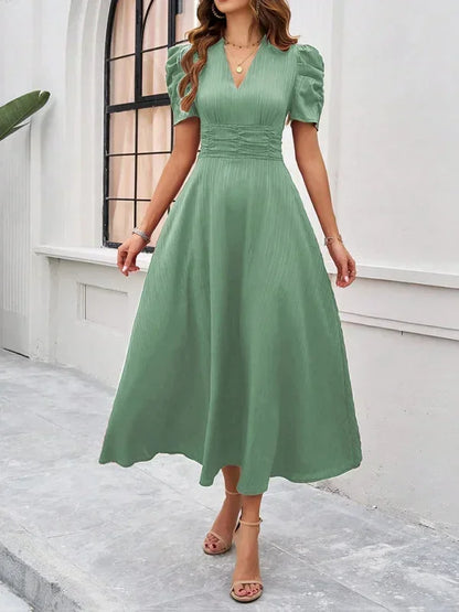 Women's Midi Dress V-Neck Puff Sleeves