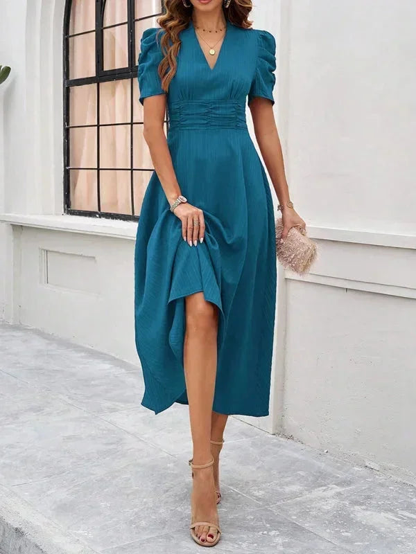 Women's Midi Dress V-Neck Puff Sleeves