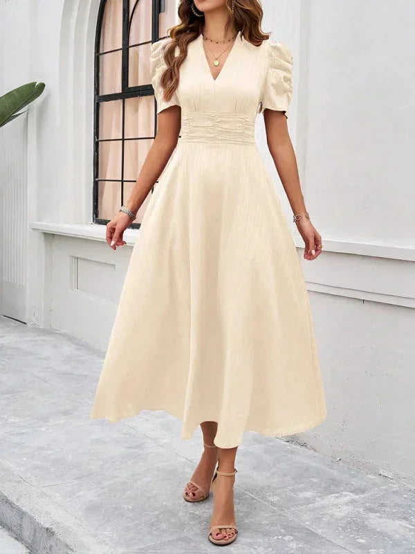 Women's Midi Dress V-Neck Puff Sleeves
