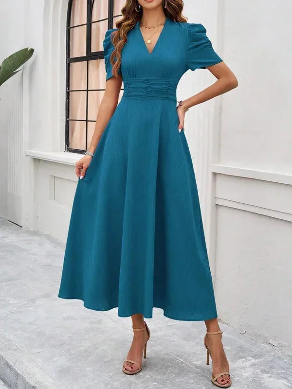 Women's Midi Dress V-Neck Puff Sleeves