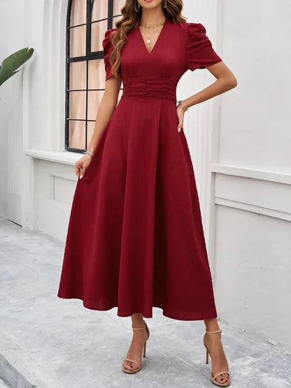 Women's Midi Dress V-Neck Puff Sleeves
