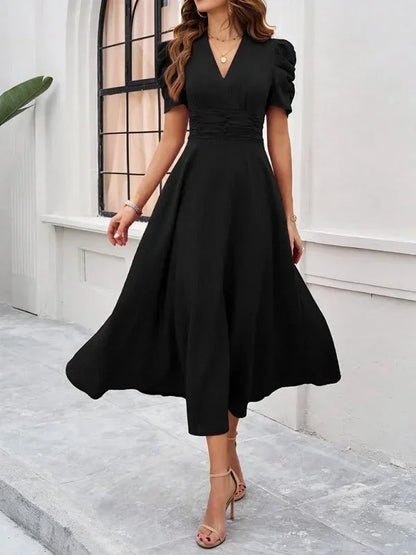 Women's Midi Dress V-Neck Puff Sleeves