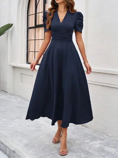Women's Midi Dress V-Neck Puff Sleeves