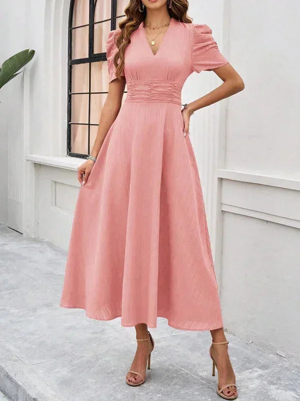 Women's Midi Dress V-Neck Puff Sleeves